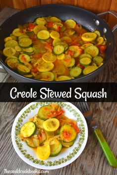 two pictures show the process of cooking vegetables in a skillet, and then showing how to cook them