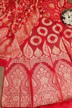 Stunning Red Banarasi Georgette Unstitched Lehenga Set