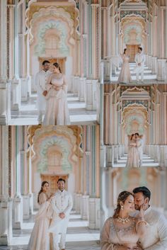 the bride and groom are posing for pictures