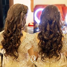 Curls With Pearls In Hair, Bridal Hair With Rhinestones, Hair Pearls Hairstyles, Curls With Pearls, Hair Styles With Pearls, Hair With Rhinestones, Hairstyles With Pearls, Pearls Hairstyle, Pretty Prom Hairstyles