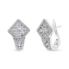 Increase her sparkle factor with these shimmering diamond huggie earrings. Crafted from cool 18K white gold, each huggie hoop earring features a rhombus shape of tightly packed round diamonds surrounded by a halo of round diamonds to give a rectangular diamond halo frame. Below, a 3-row channel of round diamonds run down into the latch back mechanism. Uniquely timeless with 1 1/10 ct. t.w. of diamonds and a bright polished shine, these earrings secure with a latch back. Diamond Huggie Earrings, Rhombus Shape, Huggie Earring, Huggie Earrings, Huggie Hoop Earrings, Anklet Jewelry, Diamond Design, Diamond Halo, Diamond Cluster