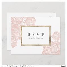 wedding rsp card with pink roses and gold foil on the front, in white marble