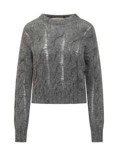 Crew-neck sweater. Ribbed hems. Woven knitting with all-over holes. All-over sequins. Gender: WomenMaterial: 38% POLYAMIDE 24% ALPACA 24% MOHAIR 14% COTTONColor: GREYMade in: ITProduct ID: J4011014158 007*Import tax/duty will be calculated at checkout (If applicable) Cable Knit Jumper, Feminine Aesthetic, Skirt Suit, Knitwear Women, Cashmere Sweaters, Sweater Shop, Crew Neck Sweater, Cable Knit, Neck Sweater