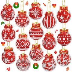 twelve red christmas baubles hanging from chains with bows and bells on white background