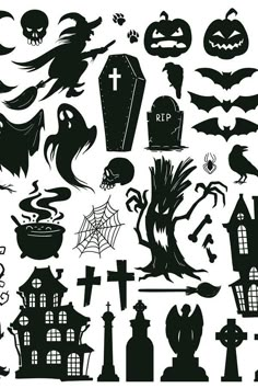 black and white halloween silhouettes with bats, pumpkins, ghost's head, cemetery