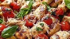 chicken and cherry tomatoes with basil on top