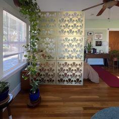 a living room filled with lots of furniture and plants on top of hard wood flooring