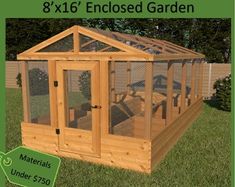 a small wooden chicken coop with an enclosed garden in the background and text overlay that reads 8x16'enclosed garden materials under $ 350