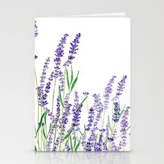 a greeting card featuring lavender flowers on white background, with reflection in the foreground