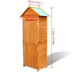 a tall wooden storage shed with measurements for the top and bottom section on it's side