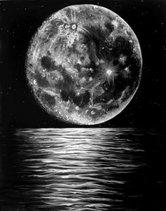 a painting of the moon over water with stars in the sky and on top of it