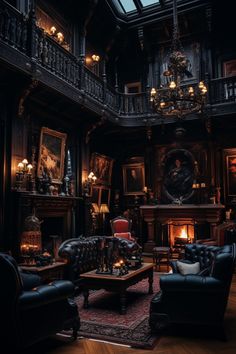 a living room filled with furniture and a fire place in the middle of it's walls