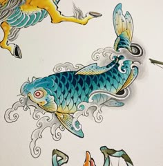 an image of some fish on a white wall with blue and yellow watercolors