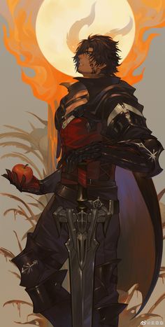 a man in armor holding an apple standing next to a giant fireball with the moon behind him