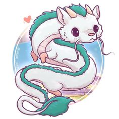 a white and green dragon sitting on top of a blue circle with hearts in the background