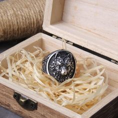 Stainless Steel Viking Wolf Ring with Wooden Gift Box - Timeless Men's Jewelry Silver Jewelry With Gift Box For Father's Day, Father's Day Silver Jewelry Gift Box, Vintage Stainless Steel Rings As Gifts, Vintage Stainless Steel Rings For Gifts, Classic Jewelry Gift For Father's Day, Classic Jewelry Gift Box For Father's Day, Classic Jewelry For Father's Day With Gift Box, Classic Jewelry With Gift Box For Father's Day, Classic Father's Day Jewelry With Gift Box