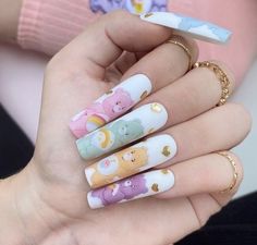 Nails With Gold Heart, Cartoon Nail Designs, Nails With Gold, Bears Nails, Cow Nails, Gel Acrylic Nails, Nail Design Inspiration, Polygel Nails, Long Square Acrylic Nails