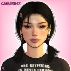 a woman with long black hair wearing a t - shirt