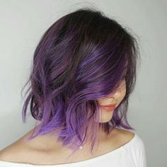 Short Black Hair Purple Highlights, Purple Bayalage Hair Brunettes Short, Purple Mid Length Hair, Shoulder Length Purple Hair Ombre, Short Violet Hair, Purple Bayalage Hair, Purple Bob Hair, Lavender Hair Ombre