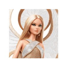 a barbie doll with long blonde hair wearing a silver dress and gold wings on it's head