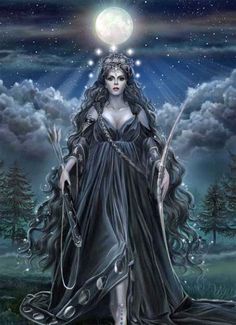 a woman in black dress holding a wand and standing under a full moon filled sky