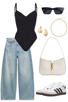 Black bodysuit/body suit/baloon jeans/spring outfit/outfit idea/sunglasses/gold jewerly/white bag/YSL/adidas sambas/blue jeans/white samba/shapewear/fashion outfit/trendy outfit/high waist jeans Body Suit Outfits Aesthetic, How To Style Bodysuit Outfit, White Bag Outfit Ideas, Bodysuit Outfit Aesthetic, Black Fitted Trendy Bodysuit, Body Suits Outfits, Skims Bodysuit Outfit With Jeans, Trendy Fitted Black Bodysuit, Black Bodysuit Outfit Ideas