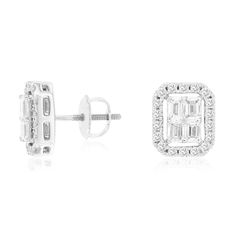 The modern twist on the classic diamond stud. This beautiful earring is set in 14k white gold, with 4 emerald cut diamonds in the center of a square diamond halo, coming out to 1.25ctw! They also come with a screw back for comfort of wearing long term. Emerald Cut Diamond Earrings With Halo Design, Emerald Cut Halo Diamond Earrings, White Emerald Cut Diamond Earrings With Accents, Diamond Halo Earrings, Halo Diamond Earrings, Diamond Pendants Designs, Buy Jewellery Online, Diamond Pendants, Halo Earrings