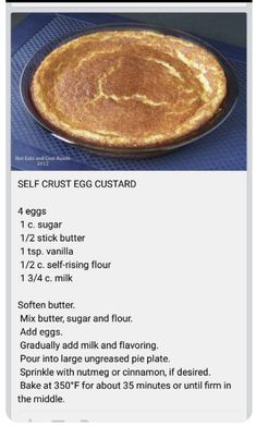 the recipe for an egg custard pie is shown in this screenshote