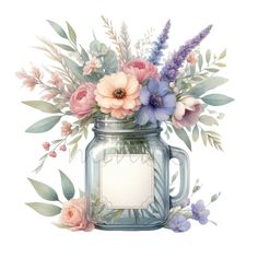 a mason jar filled with lots of flowers