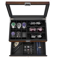 PRICES MAY VARY. TOP-NOTCH CRAFT: The watch organizer is made of MDF, Interior is covered with smooth faux leather, watch pillow with PS material and sponge cushions, highlight unique beauty while protect watches and sunglasses from scratching. Perfect for personal or business use and great for shop window watch displaying ORGANIZE YOUR WATCHES AND SUNGLASSES: The first layer offers 6 watch slots and 3 glasses or sunglasses compartments, and the watch holders can be removed if you need upper tie Elegant Wear-resistant Watch Accessories As Gift, Sunglass Organizer, Watch Organizer, Watch Holder, Watch Display, Unique Beauty, Shop Window, Jewelry Organizer, Watch Box