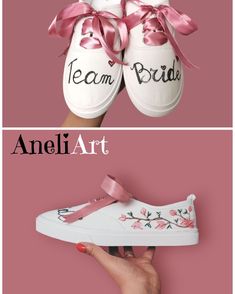 two different images of shoes with bows on them and the words team bride painted on them