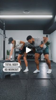 a man and woman doing squats in a gym with the words total body kep workout