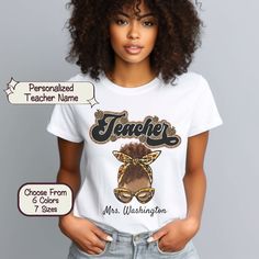 "Express your unique style with our personalized Leopard Print Teacher T-shirt, featuring a striking leopard print Teacher title. To add a touch of personality, we've incorporated a charming messy bun design on the graphic, making it the perfect fashion statement for educators with a fierce and fun sense of fashion! All items are made to order. They will ship within one week from one of our printing partners. Please allow sufficient time for production and shipping. *Please Note - Currently, we are not able to offer gift messaging, wrapping or notes. Our unisex T-shirts are High Quality, Super Soft and Super Comfortable.  Basic colors are made of 100% cotton, Heather tees are a soft cotton-poly blend.  We use BELLA+CANVAS for our T-shirts! Designs are printed using the highest quality prof Gift First Day Of School, Bun Design, Back To School Gift, School Gift, Back To School Gifts, Teacher Tshirts, School Gifts, Messy Bun, Basic Colors