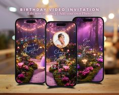 three cell phones with photos on them and the text, birthday video invitation edit now in camera i add your own photo