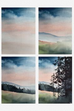 four watercolor paintings of trees and mountains in the distance with pink, blue, and green hues