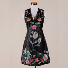 Foxie Dox Floral Embroidered Faux Leather Dress | Size 2 | New Without Tags | Edgy, Yet Delicate / Faux Leather Shell / Sleeveless / V Neck / Pull On Styling | Approx Measurements Bust 29” Waist 26” Hips 34” Length 33.5” Black Leather Summer Dress, Navy Sequin Dress, Short Slip Dress, Green Sequin Dress, Red Sequin Dress, Long Sequin Dress, Long Sleeve Sequin Dress, Black Leather Dresses, Faux Leather Dress