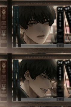 anime character with black hair and eyes looking at each other in front of bookshelves