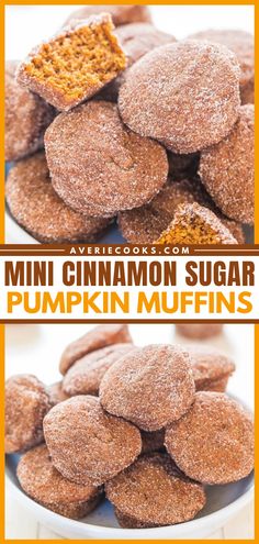 mini cinnamon sugar pumpkin muffins on a plate