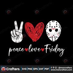 peace love friday svg file with two hockey masks and the word i love friday