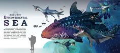 an advertisement for the environmental sea with sharks and other marine creatures on it's side