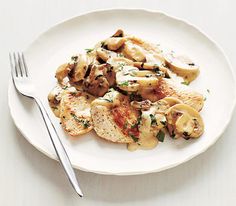 a white plate topped with chicken and mushrooms