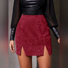 Brand New. Size - S (4) Color - Burgundy High Waist Slit Hem Corduroy Skirt White Academia, White Eyelet Skirt, Black Jean Skirt, Black Leather Mini Skirt, Grey Mini Skirt, Belted Mini Skirt, Women Bottoms, Plaid Pencil Skirt, Houndstooth Skirt