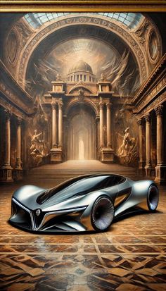 an artistic painting of a futuristic car in front of a building with columns and arches