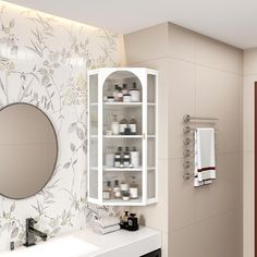 a bathroom with a sink, mirror and shelves in the wall next to each other