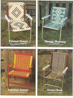 four different types of lawn chairs in various colors and sizes, with the same pattern on them