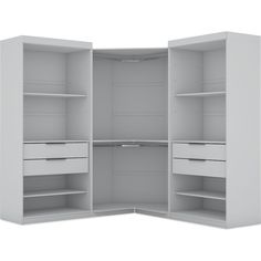 an open closet with shelves and drawers on the bottom, in front of a white background