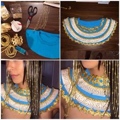 four pictures of different types of clothing and accessories, including necklaces, hair clips, scissors