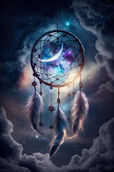 an image of a dream catcher in the sky with stars and moon on it's side