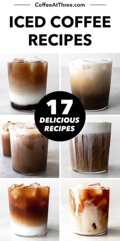 iced coffee recipe in four different pictures with text overlay that reads 17 delicious iced coffee recipes