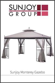 sunjoy gazebo with mosquito netting on the side and canopy over it, in front of